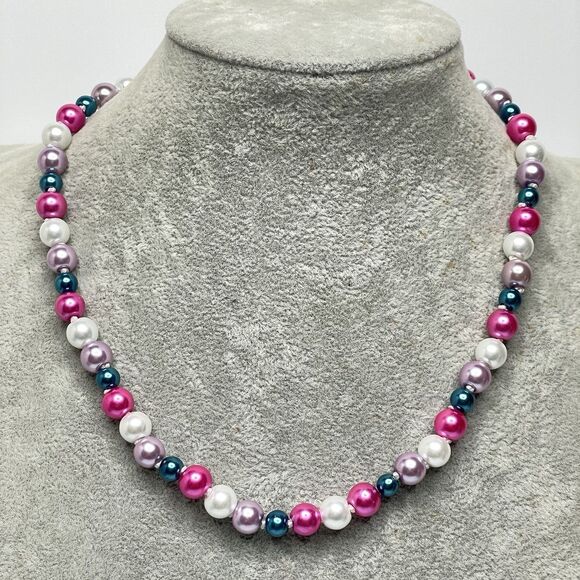 Artisan Multicolor Glass Pearl Hand Knotted Beaded Necklace Pink Purple White - Picture 1 of 6